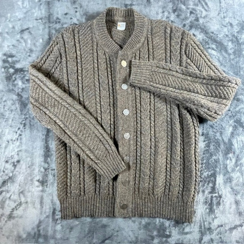Vintage Exclusiv Modell Men Brown Cable Knit Cardigan Coin Button Sweater Large